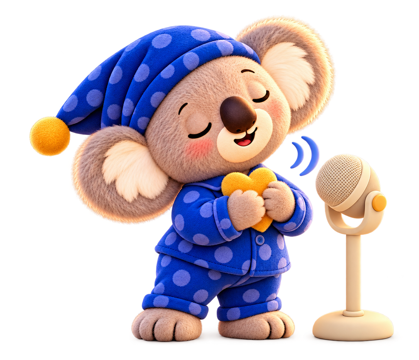 Der Tono-Koala nimmt seine Stimme mit einem Mikrofon auf und hält ein weiches Herz