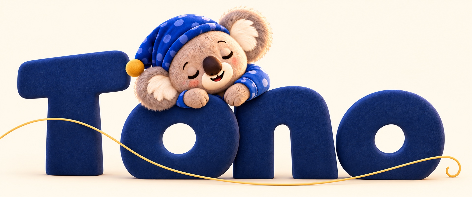 Der Tono-Koala im blauen Schlafanzug kuschelt sich an die großen, weichen Tono-Buchstaben