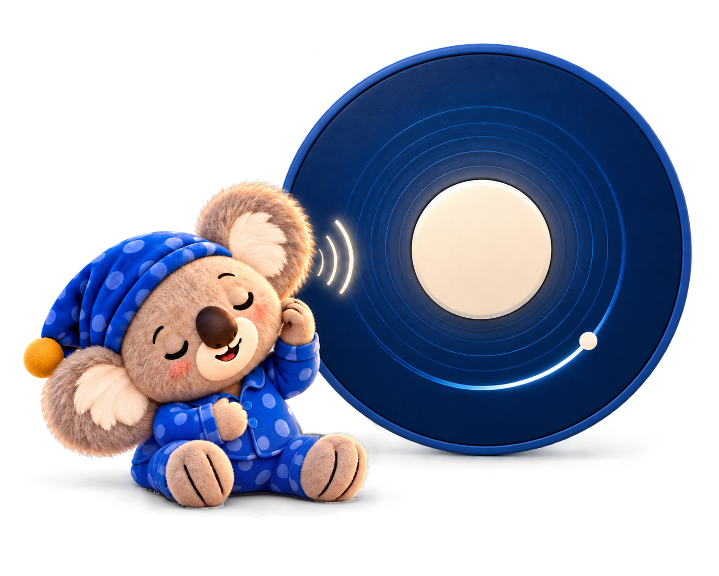 Der Tono-Koala lauscht neben einem runden Klangspieler